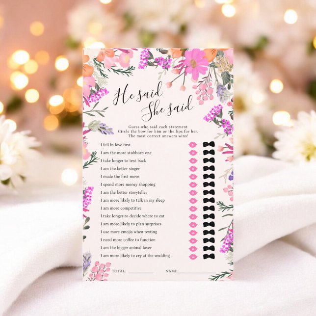 Ele disse que ela disse um jogo de chá de panela f (He said she said pink floral bridal shower game)