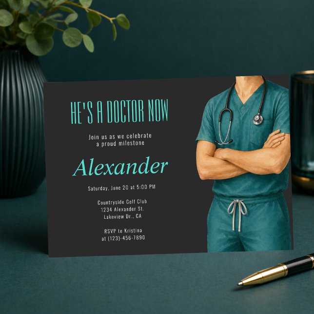 Ele é um Doutor Agora Convite de Foto (He’s a Doctor Now invitation, modern teal medical graduation party design)