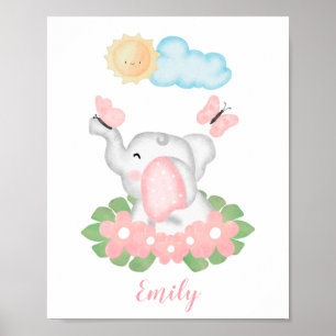 Elefante-bebê bonito com poster de flores cor-de-r