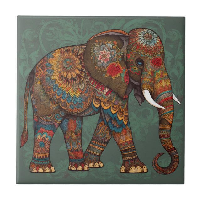 Elefante Boêmico com Azulejo Cerâmico de Arte Deco (Frente)