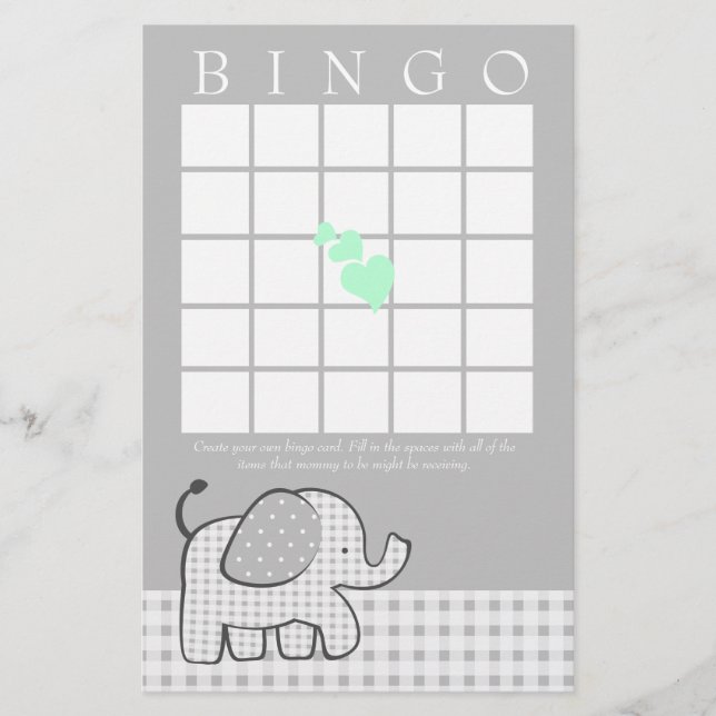 Elefante com Cartaz Gingham Bingo de Corações Verd (Frente)