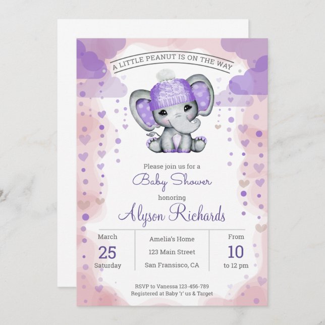 Elefante com chapéu roxo Convite para Chá (Frente/Verso)