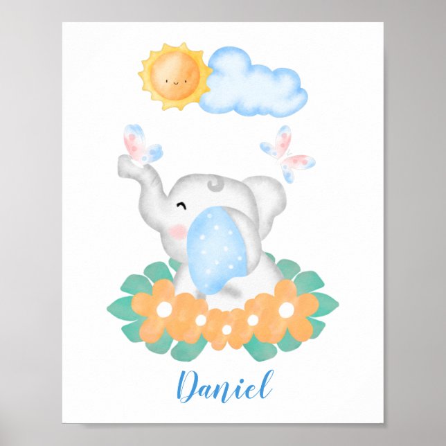 Elefante de Bebê Bonito com poster de flores laran (Frente)