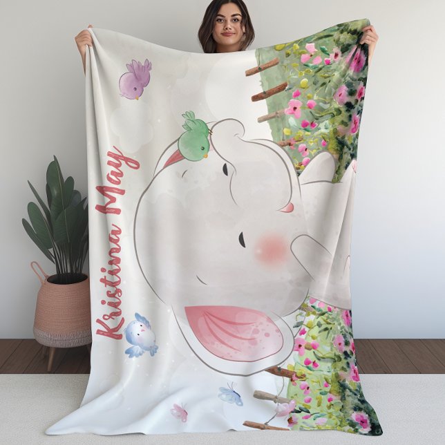 Elefante de cobertor de crianças com pássaros emba (Kid’s Blanket Elephant with Birds Blush Floral)