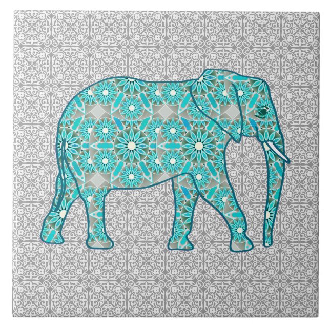 Elefante de flor de Mandala - turquesa, cinza e br (Frente)