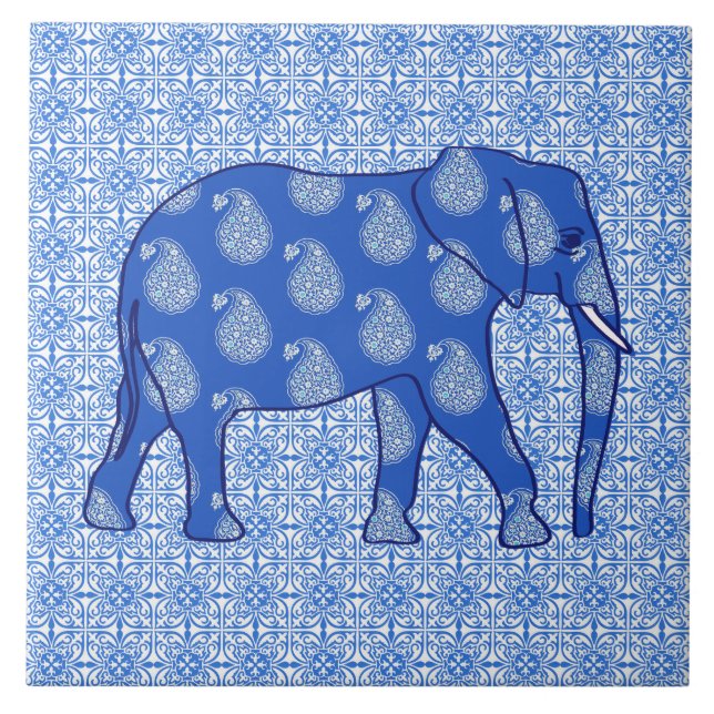 Elefante de Paisley - azul de cobalto e branco (Frente)