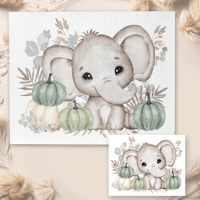 Elefante De Queda Cuja Quebra-cabeça De Puta E Pum (Cute Fall Elephant And Pumpkins Jigsaw Puzzle)