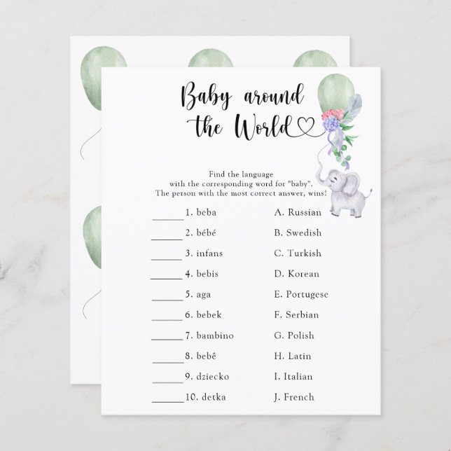 Elefante e Balão - Bebê no jogo mundial (Frente/Verso)