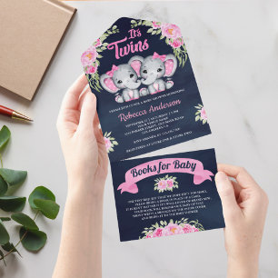 Elefante Floral Rosa Gêmeas Meninas Azul Marinho C