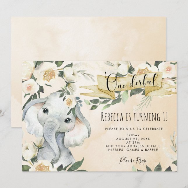 elefante floral, um convite de aniversário maravil (Frente/Verso)