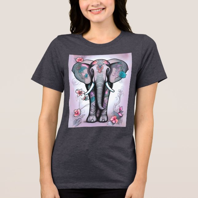 Elefante Indiano cinza Incorporado com Flores (Frente)
