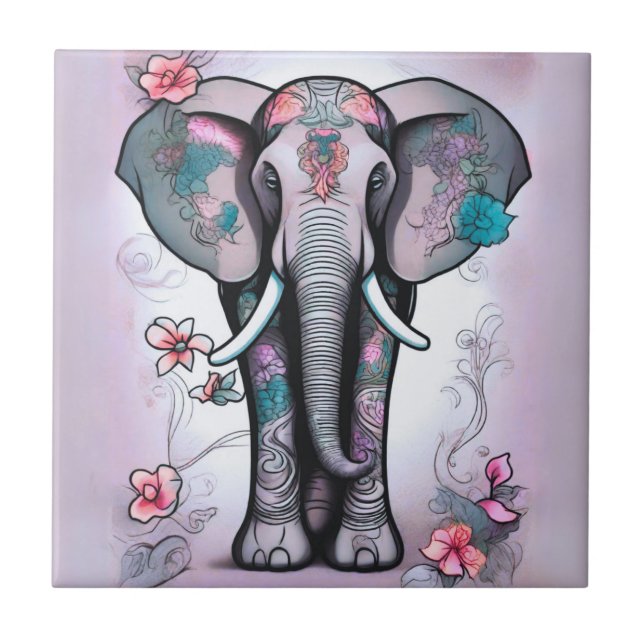 Elefante Indiano cinza Incorporado com Flores (Frente)