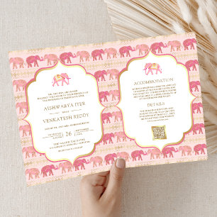 Elefante Indiano Rosa e Dourado Convite de Casamen