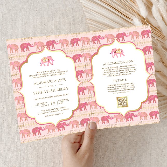 Elefante Indiano Rosa e Dourado Convite de Casamen (Criador carregado)
