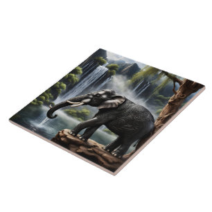 Elefante Majestoso por Serene Waterfall no amanhec