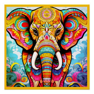 Elefante Mosaico Colorido em um Pôster de Parede B