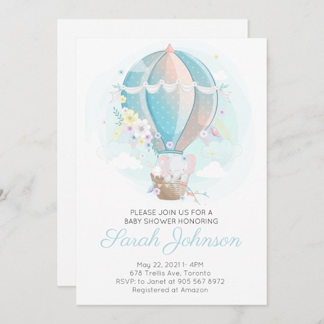 Elefante no Convite para Chá de fraldas de Balões  (Frente/Verso)