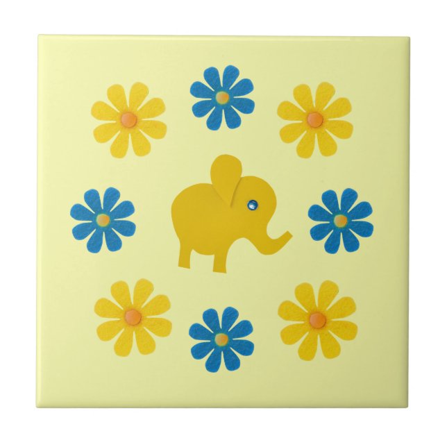 Elefante primavera amarelo, flores amarelas, azuis (Frente)