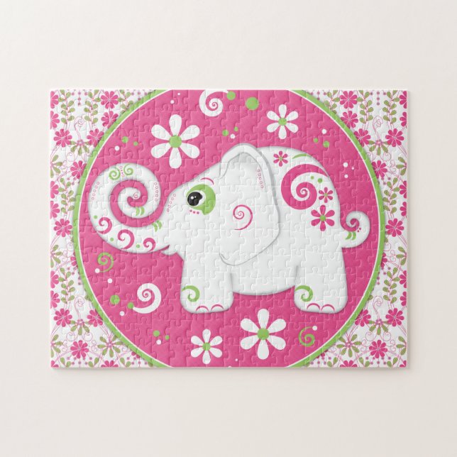 Elefante Rosa e Verde rico e Quebra-cabeça Floral (Horizontal)