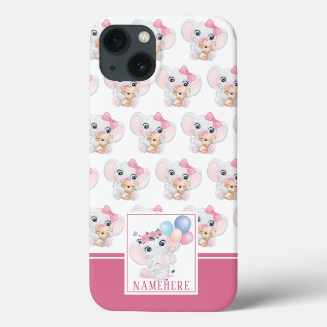 Elefante Rosa Feminino com Laço e Padrão de Balão (Verso)