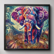 Elefante Whimssso na Noite Azul Estrelas Roxas Lua