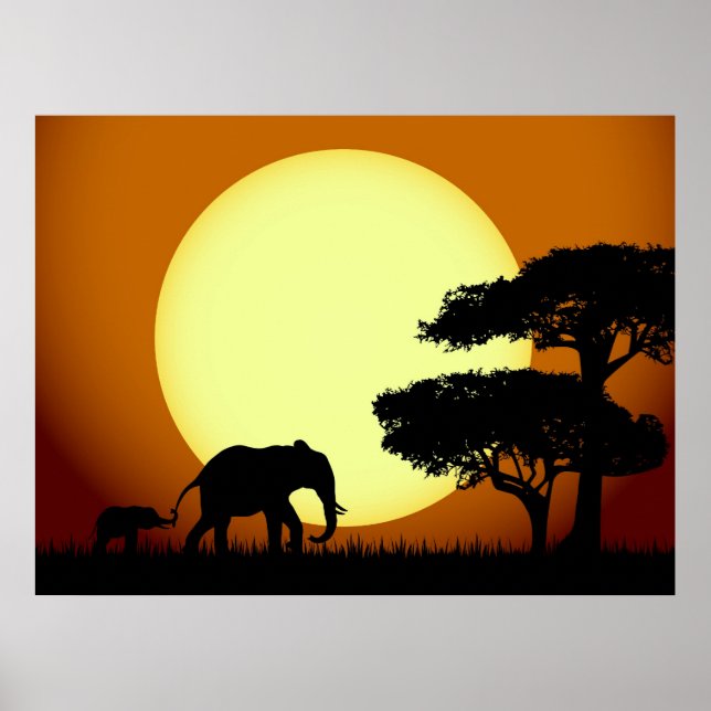 Elefantes na poster do pôr do sol (Frente)