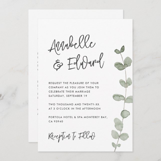 Elegan Wedding eucalyptus, convite chic (Frente/Verso)