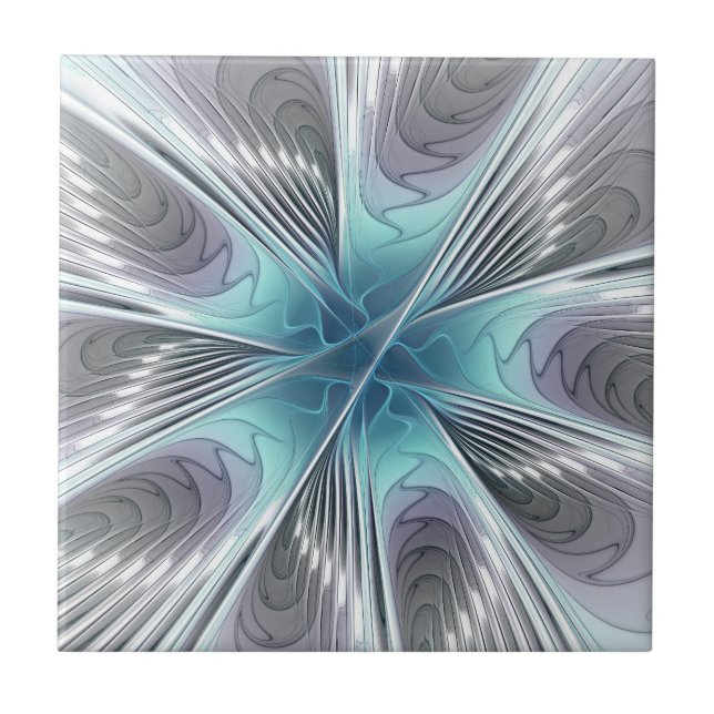 Elegance Modern Blue Cinza White Fractal Art Flowe (Frente)