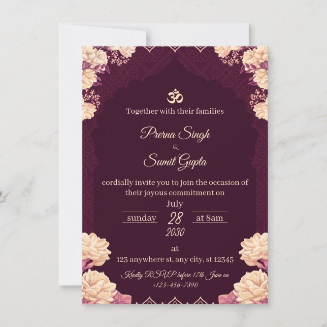Elegância Ametista: Convite de Casamento Roxo Flor (Frente)