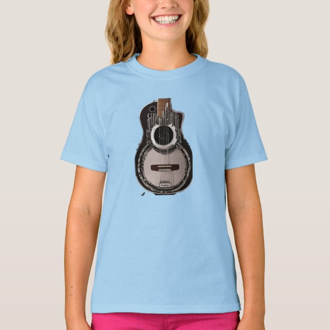 "Elegância em Ebony: Camiseta Impressão de guitarr (Frente)
