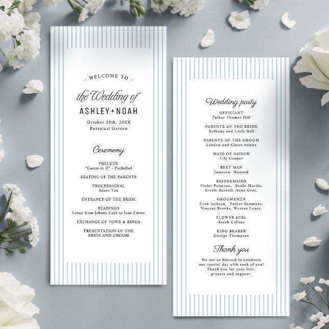 Elegância Listrada Azul Empoeirada Programa de Cas (Dusty Blue Striped Elegance Classy Wedding Program)