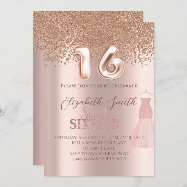 elegância rosa, doce 16 convite (Frente/Verso)