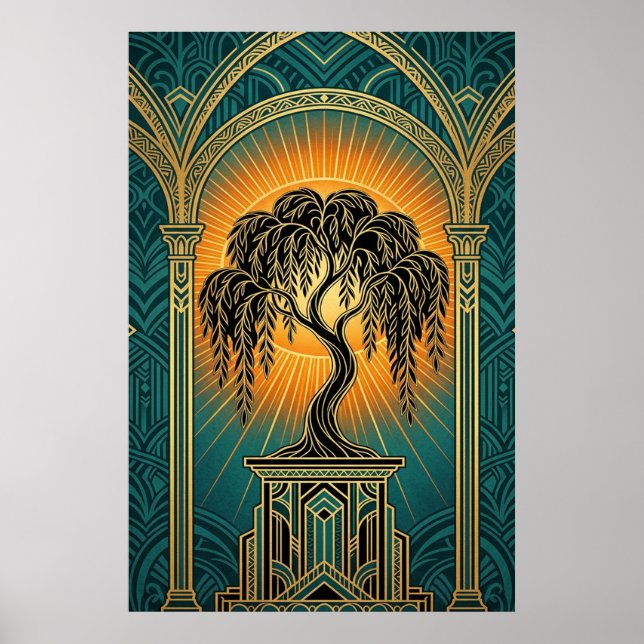 Elegant Art Deco Weeping Willow Gold & Teal Poster (Frente)