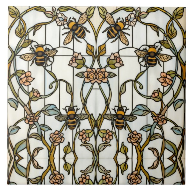 Elegant art nouveau botanical  bee stain glass (Frente)