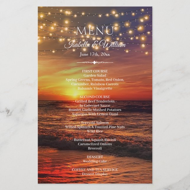 Elegant Beach String Lights Summer WedMenu (Frente)