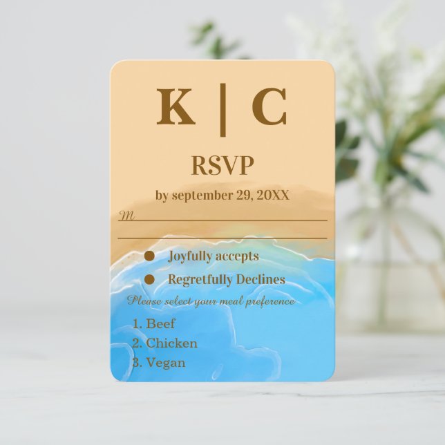 Elegant Beach Watercolor wedding rsvp card (Em pé/Frente)