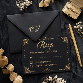 Elegant Black and Gold Glitter Floral Wedding RSVP