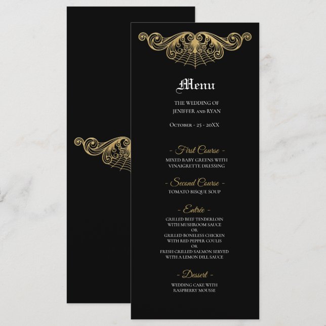 Elegant black and gold Gothic Wedding Menu (Frente/Verso)