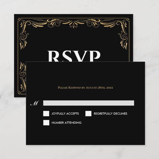 Elegant black and gold Gothic Wedding RSVP Card (Frente/Verso)