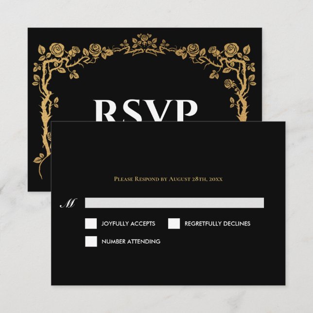 Elegant black and gold Gothic Wedding RSVP Card (Frente/Verso)