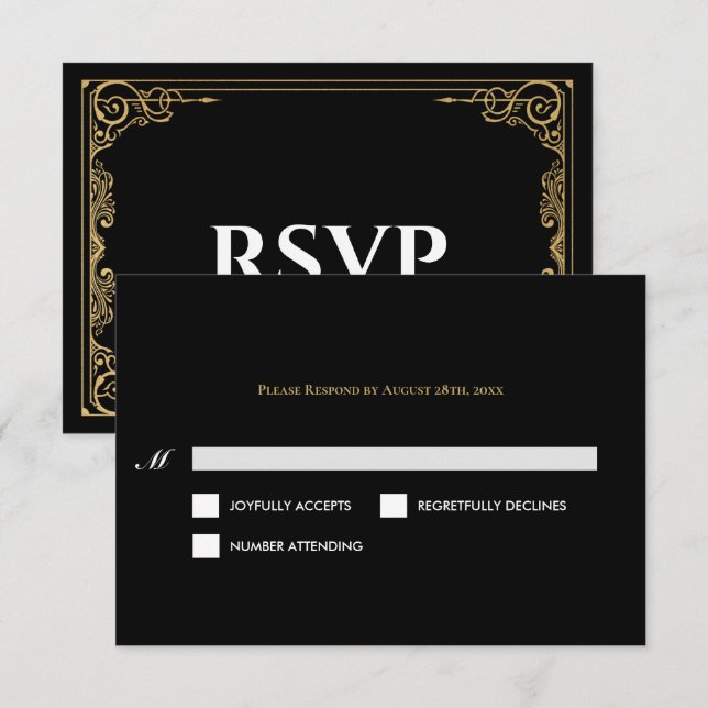 Elegant black and gold Gothic Wedding RSVP Card (Frente/Verso)