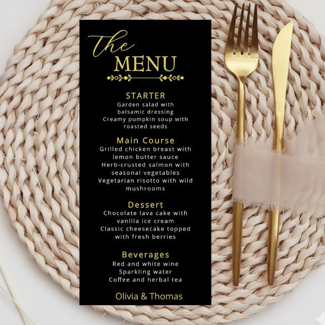 Elegant Black and Gold Wedding Menu Card (Criador carregado)