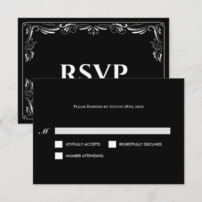 Elegant black and white Gothic Wedding RSVP Card (Frente/Verso)