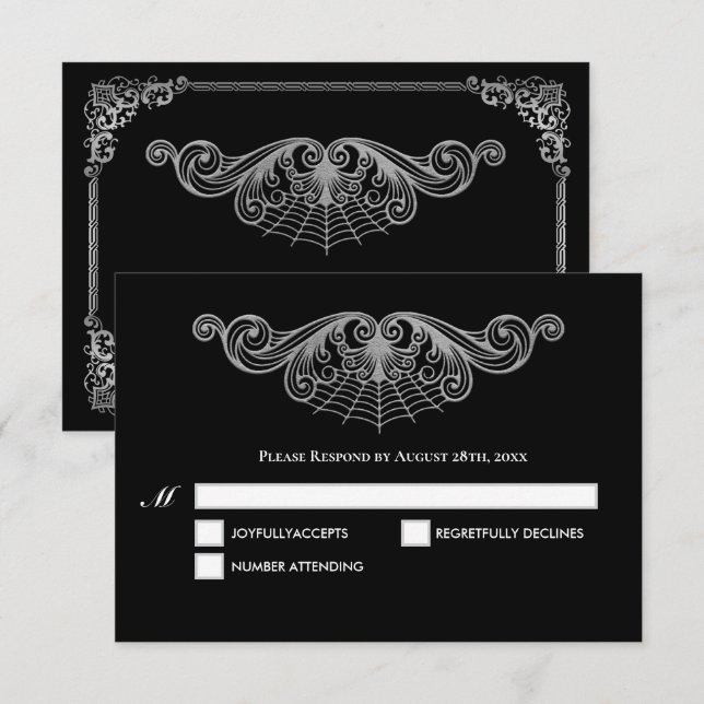 Elegant black and white Gothic Wedding RSVP Card (Frente/Verso)