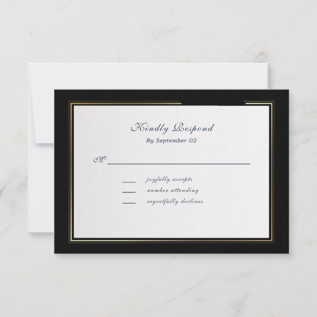 Elegant Black Background Gold Frame RSVP (Frente)