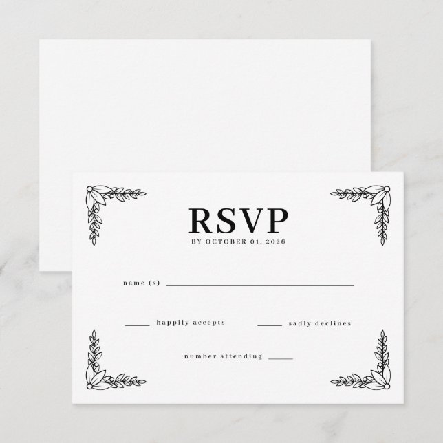 Elegant Black Botanical RSVP (Frente/Verso)