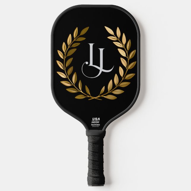 Elegant Black & Gold Laurel Monogram Pickleball Pa (Front)