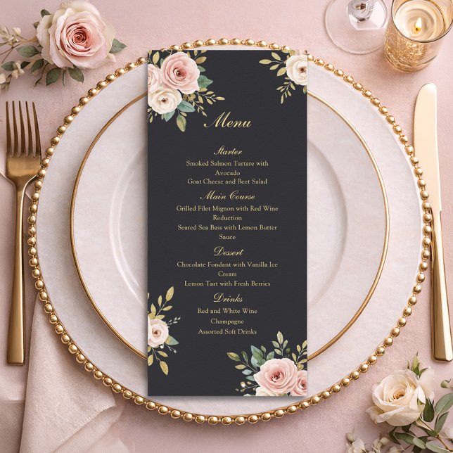 Elegant Black & Gold Roses Wedding Flat Menu (Criador carregado)