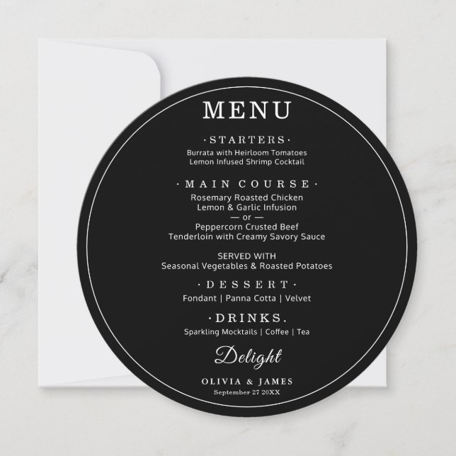 Elegant Black Round Wedding Simple Modern Menu  (Frente)