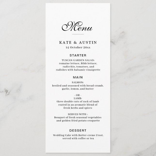 elegant black script white wedding menu card (Frente)